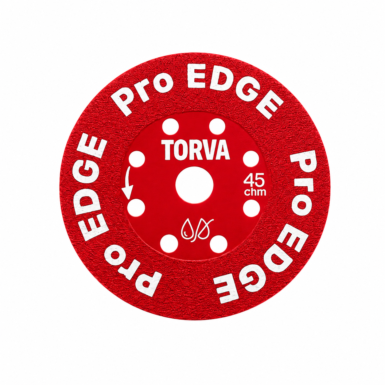 A red circular Torva Pro Edge 45 cm sharpening stone with white text and logo details, shown on a plain white background.